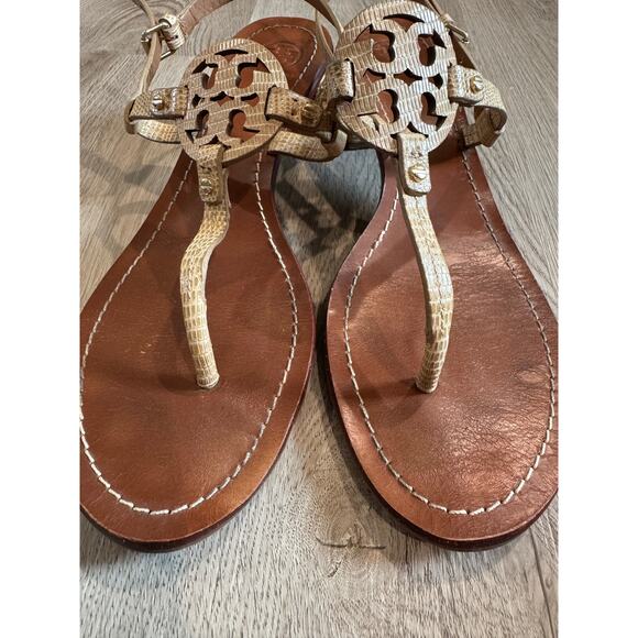 Tory Burch Mini Miller Reptile Embossed Leather Slingback Heeled Sandals Sz 9.5 - Picture 5 of 8